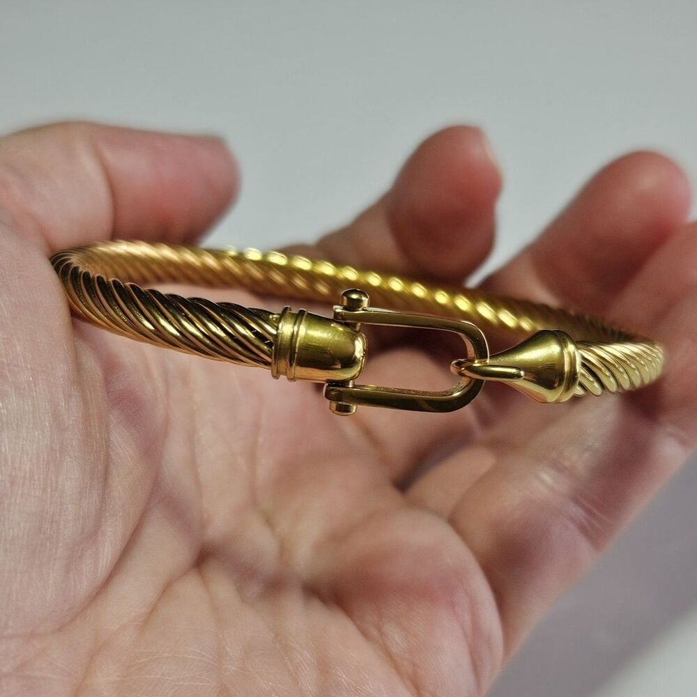 Gold Tone Bangle Bracelet Buckle Hook Closure Twisted Texture Approx 6.5" - Picture 3 of 14